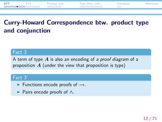 DTT DTS Previous work Type check./infer. Conclusion References
Curry-Howard Correspondence btw. product type
and conjunction
The correspondence between the notions of logic and type theory :
Logic Type Theory
proposition type
proof term (or program)
axiom constant symbol
assumption variable
logical connective type constructor
implication functional type
conjunction product type
disjunction direct sum type
absurdity empty type
introduction constructor
elimination destructor
provability inhabitance
cut substitution
normalization reduction
13 / 71
 