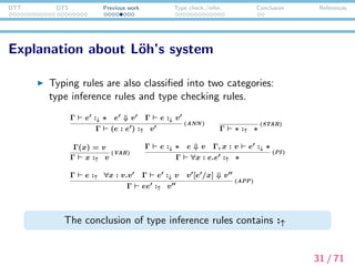 DTT DTS Previous work Type check./infer. Conclusion References
Explanation of L¨oh’s system
Typeing rules are also classiﬁed into two categories: type
inference rules and type checking rules.
Γ e :↑ v
Γ e :↓ v
(CHK)
Γ, x : v e :↓ v
Γ λx.e :↓ ∀x : v.v
(LAM )
The conclusion of type checking rules contains :↓
1. Type inference rules and type checking rules are deﬁned in a
mutually recursive manner.
2. In DTS, these notations are used similarly.
32 / 71
 