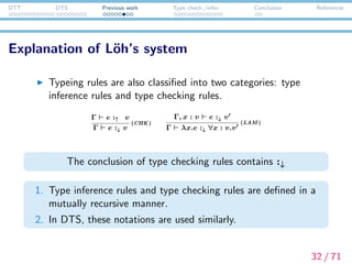 DTT DTS Previous work Type check./infer. Conclusion References
How to read typing rules
Example
[L] Γ σ M :↑ (x:v) → v [L ] [L ] Γ σ N :↓ v [L ] v [N/x] β v
[L] Γ σ MN :↑ v [L ]
(ΠE)
In logic:
We read rules from premise to conclusion.
If the premises are satisﬁed, then the conclusion is satisﬁed.
33 / 71
 