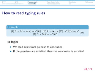 DTT DTS Previous work Type check./infer. Conclusion References
How to read typing rules
Example
[L] Γ σ M :↑ (x:v) → v [L ] [L ] Γ σ N :↓ v [L ] v [N/x] β v
[L] Γ σ MN :↑ v [L ]
(ΠE)
In type inference:
We read rules from conclusion to premise.
A term to the left of the colon has a type to the right of the
colon only when all the premise are satisﬁed.
34 / 71
 