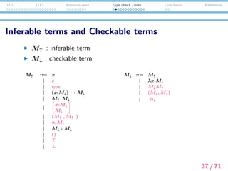 DTT DTS Previous work Type check./infer. Conclusion References
Inferable terms and Checkable terms
M↑ : inferable term
M↓ : checkable term
M↑ ::= x
| c
| type
| (x:M↓) → M↓
| M↑ M↓
|
x:M↓
M↓
| (M↑ , M↑ )
| πiM↑
| M↓ : M↓
| ()
|
| ⊥
M↓ ::= M↑
| λx.M↓
| M↓M↑
| (M↓, M↓)
| @i
37 / 71
 