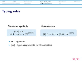 DTT DTS Previous work Type check./infer. Conclusion References
Typing rules
Dependent sum types
[L] Γ σ A :↓ s1 [L ] A β v [L ] Γ, x : v σ B :↓ s2 [L ]
[L] Γ σ
x:A
B
:↑ s2 [L ]
(ΣF)
(s1, s2 ∈ {type, kind})
[L] Γ σ M :↓ v [L ] v [M/x] β v [L ] Γ σ N :↓ v [L ]
[L] Γ σ (M, N) :↓
x:v
v
[L ]
(ΣI )
[L] Γ σ M :↑
x:v
v
[L ]
[L] Γ σ π1M :↑ v [L ]
(ΣE)
[L] Γ σ M :↑
x:v
v
[L ] v [π1M/x] β v
[L] Γ σ π2M :↑ v [L ]
(ΣE)
39 / 71
 