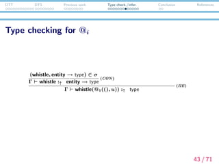 DTT DTS Previous work Type check./infer. Conclusion References
Type checking for @i
(whistle, entity → type) ∈ σ
Γ whistle :↑ entity → type
(CON )
Γ @1 :↑ ?2 · · ·
Γ @1((), u) :↑ ?1
(ΠE)
Γ @1((), u) :↓ entity
(CHK)
Γ whistle(@1((), u)) :↑ type
(ΠE)
43 / 71
 