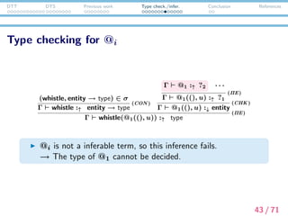 DTT DTS Previous work Type check./infer. Conclusion References
Type checking for @i
Why this fails?
(ΠE) rule
Γ σ M :↑ (x:v) → v Γ σ N :↓ v v [N/x] β v
Γ σ MN :↑ v
(ΠE)
Because (ΠE) rule ﬁrst tries to infer the type of the function
part of a function application term.
This conﬂicts with the fact that @i is not an inferable term.
44 / 71
 