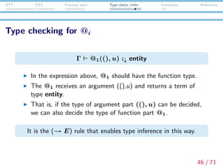 DTT DTS Previous work Type check./infer. Conclusion References
Type checking for @i
(→E) rule
[L] Γ σ N :↑ v [L ] [L ] Γ σ M :↓ v → v [L ]
[L] Γ σ MN :↓ v [L ]
(→E)
In this rule, the argument part of function application is
evaluated ﬁrst.
We can do type inference of the sentence (1) by using this
rule.
47 / 71
 