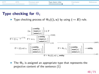 DTT DTS Previous work Type check./infer. Conclusion References
Type checking for @i
Type checking process of @1((), u) by using (→ E) rule.
Γ () :↑
( I )
(u,


x:entity
man(x)
enter(x)

) ∈ Γ
Γ u :↑


x:entity
man(x)
enter(x)


(VAR)
Γ ((), u) :↑






x:entity
man(x)
enter(x)






(∧I )
Γ @1 :↓






x:entity
man(x)
enter(x)





 → entity
(ASP)
Γ @1((), u) :↓ entity
(→E)
The @1 is assigned an appropriate type that represents the
projective content of the sentence (1)
48 / 71
 
