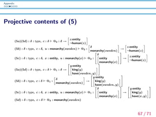 Appendix
Presupposition Projection Calculated
The judgments in (??) are the ones obtained after anaphora
resolution for @2 has been executed: the output of the program
contains the occurrence of @2 within the types for @1 (this means
that the possessive presuppositions in (5) contain the anaphora
antecedents). The proof terms corresponding to the intended
reading in (5) (i.e. it refers to Sweden in (5a)(5b)(5d), and every
monarchy in (5c)) are as follows:
@2 = λc.(sweden, n(sweden)m)
@2 = λc.(π1π2(c), n(π1π2(c))(π2π2(c))),
where m is a proof term for monarchy(sweden) (Sweden is a
monarchy), and n is a proof term for
(x : entity) → monarchy(x) → ¬human(x) (Monarchy is not
a human). Then, (??) is obtained by substituting @2 with these
proof terms.
68 / 71
 