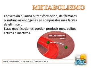 PRINCIPIOS BASICOS EN FARMACOLOGIA – 2014
Conversión química o transformación, de fármacos
o sustancias endógenas en compuestos mas fáciles
de eliminar .
Estas modificaciones pueden producir metabolitos
activos e inactivos.
 