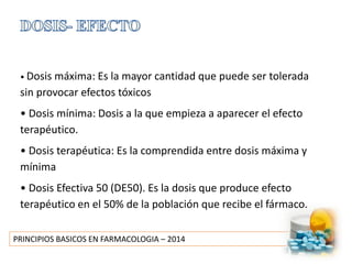 PRINCIPIOS BASICOS EN FARMACOLOGIA – 2014
• Dosis máxima: Es la mayor cantidad que puede ser tolerada
sin provocar efectos tóxicos
• Dosis mínima: Dosis a la que empieza a aparecer el efecto
terapéutico.
• Dosis terapéutica: Es la comprendida entre dosis máxima y
mínima
• Dosis Efectiva 50 (DE50). Es la dosis que produce efecto
terapéutico en el 50% de la población que recibe el fármaco.
 