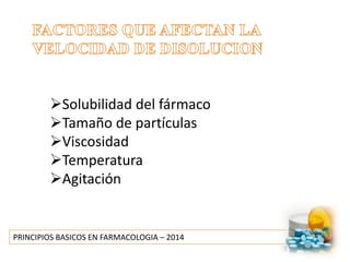 PRINCIPIOS BASICOS EN FARMACOLOGIA – 2014
Solubilidad del fármaco
Tamaño de partículas
Viscosidad
Temperatura
Agitación
 