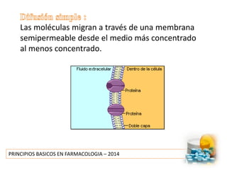 PRINCIPIOS BASICOS EN FARMACOLOGIA – 2014
Las moléculas migran a través de una membrana
semipermeable desde el medio más concentrado
al menos concentrado.
 