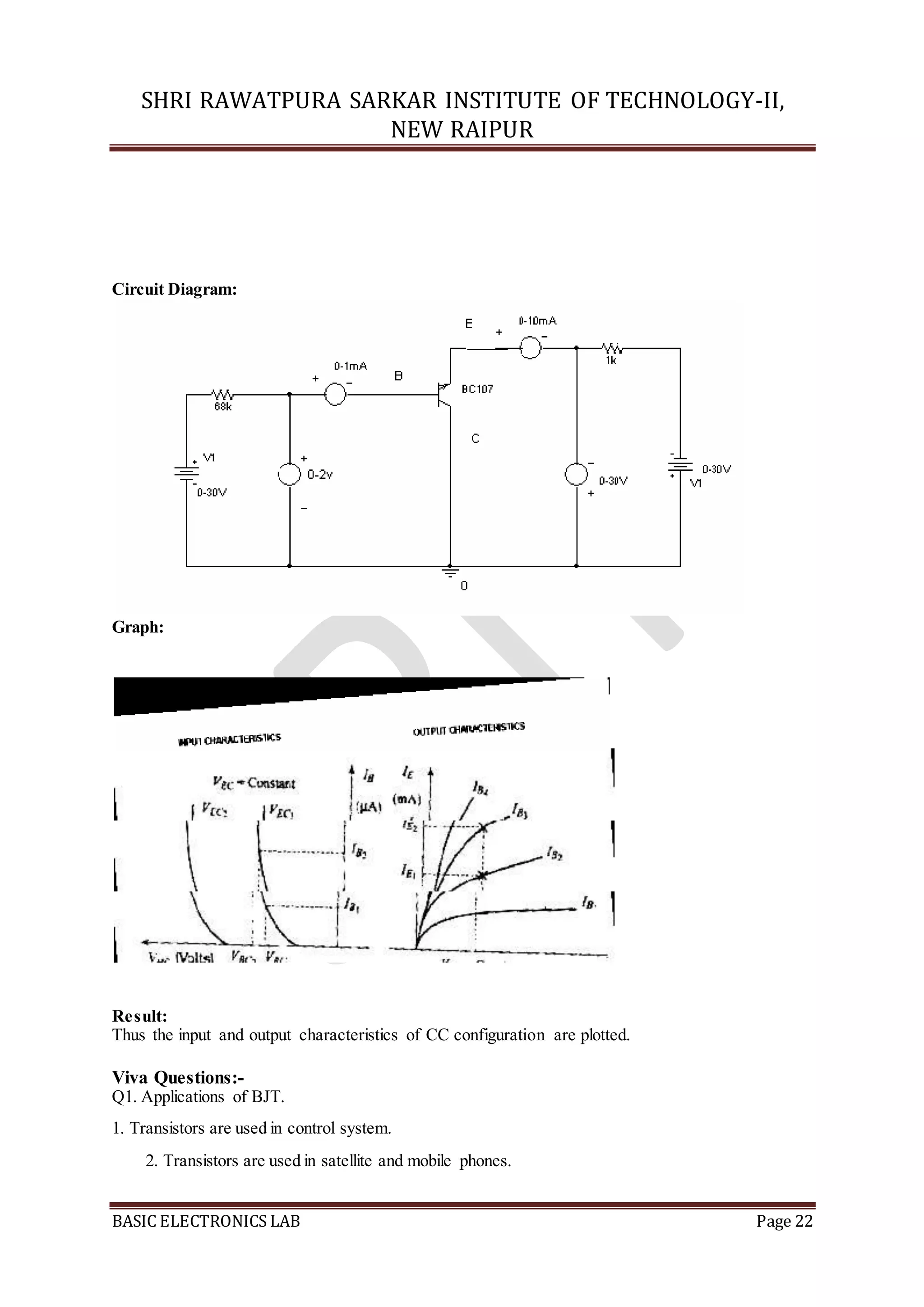 SHRI RAWATPURA SARKAR INSTITUTE OF TECHNOLOGY-II,
NEW RAIPUR
BASIC ELECTRONICS LAB Page 22
Circuit Diagram:
Graph:
Result:
Thus the input and output characteristics of CC configuration are plotted.
Viva Questions:-
Q1. Applications of BJT.
1. Transistors are used in control system.
2. Transistors are used in satellite and mobile phones.
 