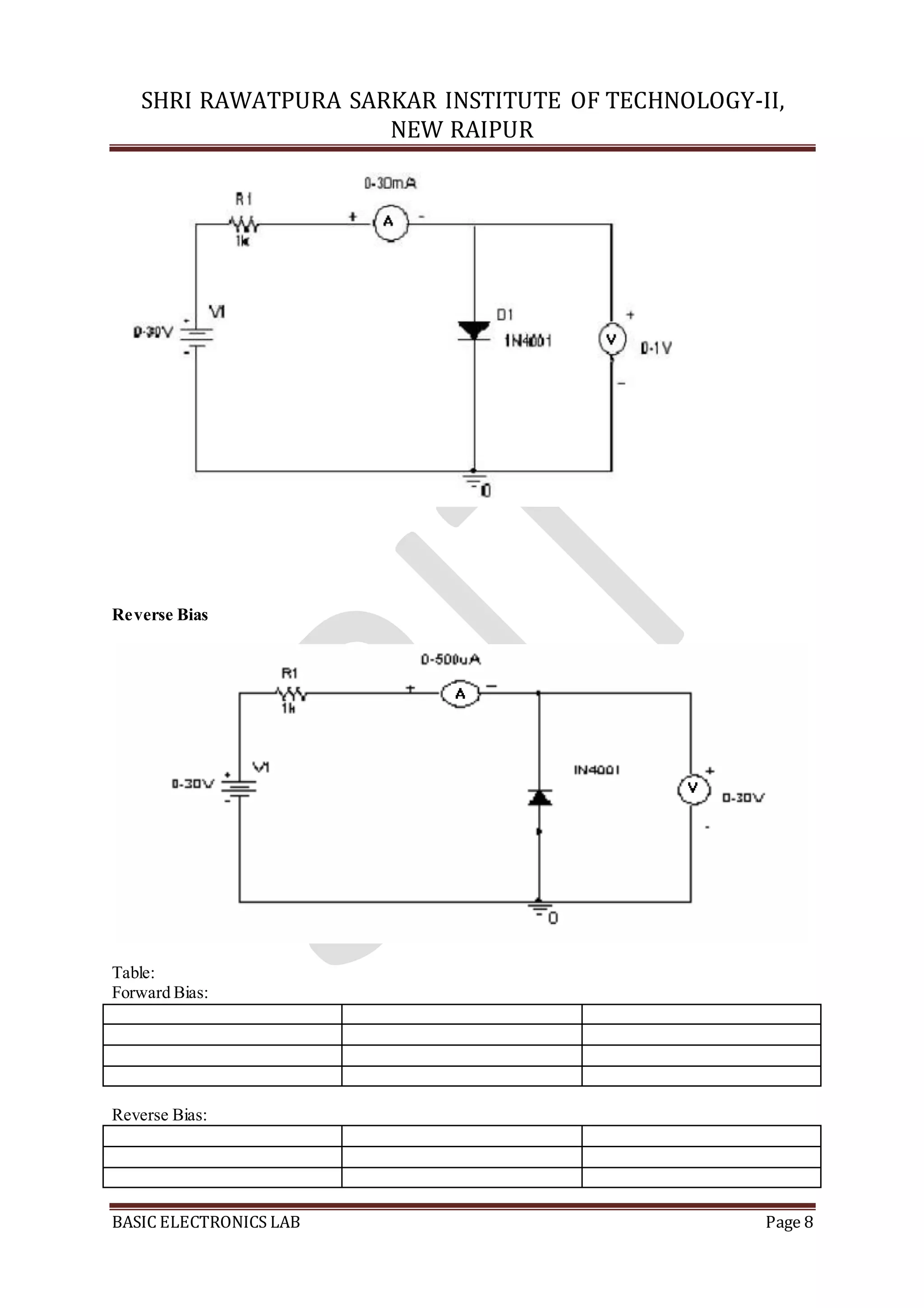 SHRI RAWATPURA SARKAR INSTITUTE OF TECHNOLOGY-II,
NEW RAIPUR
BASIC ELECTRONICS LAB Page 8
Reverse Bias
Table:
Forward Bias:
Reverse Bias:
 
