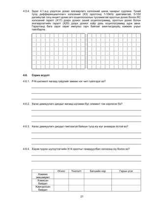 4.5.4. Зураг 4.1.а-д үзүүлсэн дохио хязгаарлагч хэлхээний шинж чанарыг судлана. Үүний
       тулд дифференциалчлагч хэлхээний (X3) оролтонд 1-10kHz давтамжтай, 5-10V
       далайцтай тэгш өнцөгт дохио өгч осциллоскопын тусламжтай оролтын дохио болон RC
       хэлхээний гаралт (X17) дээрх дохиог эхний осциллограммд, оролтын дохио болон
       хязгаарлагчийн гаралт (X20) дээрх дохиог хоёр дахь осциллограммд зурж авна.
       Гаралтанд бага зэрэг сөрөг импульс гарч байгааг ажиглагдахуйц хэмжиж учрыг
       тайлбарла.




4.6.   Сорих асуулт

4.6.1. P-N шилжилт яагаад гүйдлийг зөвхөн нэг чигт гүйлгэдэг вэ?




4.6.2. Хагас дамжуулагч диодыг яагаад шугаман бус элемент гэж нэрлэсэн бэ?




4.6.3. Хагас дамжуулагч диодыг гэмтээхгүй байхын тулд юу юуг анхаарах ёстой вэ?




4.6.4. Хэрэв гүүрэн шулуутгагчийн Х14 оролтыг газардуулбал хэлхээнд юу болох вэ?




                          Огноо      Үнэлэлт       Багшийн нэр          Гарын үсэг
           Хэмжих
         зөвшөөрөл
          Хэмжсэн
           байдал
         Хамгаалсан
           байдал

                                            21
 