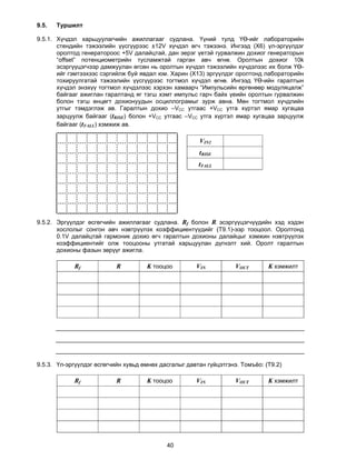 9.5.   Туршилт

9.5.1. Хүчдэл харьцуулагчийн ажиллагааг судлана. Үүний тулд ҮӨ-ийг лабораторийн
       стендийн тэжээлийн үүсгүүрээс ±12V хүчдэл өгч тэжээнэ. Ингээд (X6) үл-эргүүлдэг
       оролтод генератороос +5V далайцтай, дан эерэг үетэй гурвалжин дохиог генераторын
       “offset” потенциометрийн тусламжтай гарган авч өгнө. Оролтын дохиог 10k
       эсэргүүцэгчээр дамжуулан өгсөн нь оролтын хүчдэл тэжээлийн хүчдэлээс их болж ҮӨ-
       ийг гэмтээхээс сэргийлж буй явдал юм. Харин (X13) эргүүлдэг оролтонд лабораторийн
       тохируулгатай тэжээлийн үүсгүүрээс тогтмол хүчдэл өгнө. Ингээд ҮӨ-ийн гаралтын
       хүчдэл энэхүү тогтмол хүчдэлээс хэрхэн хамаарч “Импульсийн өргөнөөр модуляцалж”
       байгааг ажиглан гаралтанд яг тэгш хэмт импульс гарч байх үеийн оролтын гурвалжин
       болон тэгш өнцөгт дохионуудын осциллограмыг зурж авна. Мөн тогтмол хүчдлийн
       утгыг тэмдэглэж ав. Гаралтын дохио –VCC утгаас +VCC утга хүртэл ямар хугацаа
       зарцуулж байгааг (tRISE) болон +VCC утгаас –VCC утга хүртэл ямар хугацаа зарцуулж
       байгааг (tFALL) хэмжиж ав.

                                                       VIN2
                                                       tRISE
                                                       tFALL




9.5.2. Эргүүлдэг өсгөгчийн ажиллагааг судлана. Rf болон R эсэргүүцэгчүүдийн хэд хэдэн
       хослолыг сонгон авч нэвтрүүлэх коэффициентүүдийг (T9.1)-ээр тооцоол. Оролтонд
       0.1V далайцтай гармоник дохио өгч гаралтын дохионы далайцыг хэмжин нэвтрүүлэх
       коэффициентийг олж тооцооны утгатай харьцуулан дүгнэлт хий. Оролт гаралтын
       дохионы фазын зөрүүг ажигла.

            Rf             R         K тооцоо         VIN           VOUT       K хэмжилт




9.5.3. Үл-эргүүлдэг өсгөгчийн хувьд өмнөх дасгалыг давтан гүйцэтгэнэ. Томъёо: (T9.2)

            Rf             R         K тооцоо         VIN           VOUT       K хэмжилт




                                            40
 