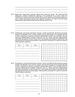 9.5.4. Давтагчийн ажиллагааг судлана. Давтагчийн оролтонд дохиог 10k эсэргүүцэгчээр
       дамжуулан холбоно. Давтагчийн оролтонд 1-5V далайцтай тэгш өнцөгт дохио өгч
       түүний оролт гаралтын дохионы далайц болон оролт гаралтын дохионуудын фронтын
       уртыг хэмжиж харьцуулан дүгнэлт хий. Дохионы далайцыг 10V хүртэл ихэсгэж дээрх
       харьцаанууд хэрхэн өөрчлөгдөж байгааг ажиглаж дүгнэлт хий.




9.5.5. Нийлбэрлэгч хэлхээний ажиллагааг судлана. Үүний тулд Rf болон R эсэргүүцэгчүүдийг
       бүгдийг 10k байхаар сонгон хэлхээг угсарна. Ингээд оролтуудад 1-5V хооронд өөр өөр
       тогтмол хүчдлүүд өгч гаралтын хүчдлийг хэмжиж аван дүгнэлт хий. Ингэхийн тулд нэг
       оролтонд лабораторийн стендийн тэжээлээс +5V өгч, нөгөө оролтонд лабораторийн
       тэжээлийн үүсгүүрээс тогтмол хүчдэл өгнө. Үүний дараа оролтуудад 2V далайцтай, өөр
       өөр давтамжтай гармоник дохионуудыг хоёр дохионы үүсгүүрээс өгч гаралтын дохионы
       осциллограмыг зурж авна.

           VIN1         VIN2        VOUT




9.5.6. Ялгаварлагч хэлхээний ажиллагааг судлана. Үүний тулд Rf болон R эсэргүүцэгчүүдийг
       бүгдийг 10k байхаар сонгон хэлхээг угсарна. Ингээд оролтуудад 5-10V хооронд өөр өөр
       тогтмол хүчдлүүд өгч гаралтын хүчдлийг хэмжиж аван дүгнэлт хий. Ингэхийн тулд нэг
       оролтод лабораторийн стендийн тэжээлээс +5V өгч, нөгөө оролтонд лабораторийн
       тэжээлийн үүсгүүрээс тогтмол хүчдэл өгнө. Үүний дараа оролтуудад 2V далайцтай, өөр
       өөр давтамжтай гармоник дохионуудыг хоёр дохионы үүсгүүрээс өгч гаралтын дохионы
       осциллограмыг зурж авна.

           VIN1         VIN2        VOUT




                                           41
 