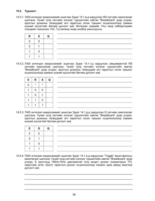 14.5.   Туршилт

14.5.1. 7400 интеграл микросхемийг ашиглан Зураг 14.1.в-д харуулсан RS латчийн ажиллагааг
        шалгана. Үүний тулд латчийн хэлхээг туршилтийн хавтан “Breadboard” дээр угсран,
        оролтын дохионы төлвүүдийг өгч гаралтын логик түвшинг осцилоскопоор хэмжин
        үнэний хүснэгтийг бөглөж дүгнэлт хий. Интеграл схемийн 14-р хөлд лабораторийн
        стендийн тэжээлээс +5V, 7-р хөлөнд газар холбож ажиллуулна.

          R       S       Q
          0       0
          0       1
          1       0
          1       1

14.5.2. 7400 интеграл микросхемийг ашиглан Зураг 14.1.г-д харуулсан зөвшөөрөлтэй RS
        латчийн ажиллагааг шалгана. Үүний тулд латчийн хэлхээг туршилтийн хавтан
        “Breadboard” дээр угсран, оролтын дохионы төлвүүдийг өгч гаралтын логик түвшинг
        осцилоскопоор хэмжин үнэний хүснэгтийг бөглөж дүгнэлт хий.

         Е    R       S   Q
         0    *       *
         1    0       0
         1    0       1
         1    1       0
         1    1       1

14.5.3. 7400 интеграл микросхемийг ашиглан Зураг 14.1.д-д харуулсан D латчийн ажиллагааг
        шалгана. Үүний тулд латчийн хэлхээг туршилтийн хавтан “Breadboard” дээр угсран,
        оролтын дохионы төлвүүдийг өгч гаралтын логик түвшинг осцилоскопоор хэмжин
        үнэний хүснэгтийг бөглөж дүгнэлт хий.

          E       D       Q
          0       0
          0       1
          1       0
          1       1

14.5.4. 7400 интеграл микросхемийг ашиглан Зураг 14.1.е-д харуулсан “Toggle” флип-флопын
        ажиллагааг шалгана. Үүний тулд латчийн хэлхээг туршилтийн хавтан “Breadboard” дээр
        угсран, Е оролтонд 100Hz-1kHz давтамжтай тэгш өнцөгт дохиог генераторын TTL
        гаралтаас өгнө. Оролт гаралтын дохиог осцилоскопоор хэмжин зурж аваад ажиглаж
        дүгнэлт хий.




                                           56
 