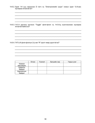 14.6.2. Зураг 14.1.д-д харуулсан D латч нь “Электроникийн үндэс” номын зураг 12.А-аас
        юугаараа ялгаатай вэ?




14.6.3. 14.5.4 дасгалд үүсгэсэн “Toggle” флип-флоп нь 14.5.6-д ашигласанаас юугаараа
        ялгаатай байна вэ?




14.6.4. 7473 JK флип-флопын 2-р хөл “R” оролт ямар үүрэгтэй вэ?




                          Огноо      Үнэлэлт       Багшийн нэр       Гарын үсэг
           Хэмжих
         зөвшөөрөл
          Хэмжсэн
           байдал
         Хамгаалсан
           байдал




                                            58
 