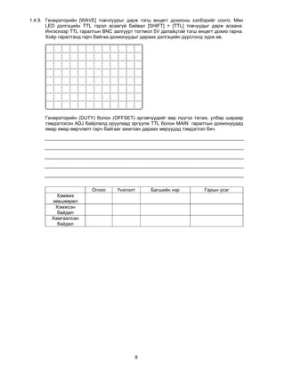 1.4.9. Генераторийн [WAVE] товчлуурыг дарж тэгш өнцөгт дохионы хэлбэрийг сонго. Мөн
       LED дэлгэцийн TTL гэрэл асаагүй байвал [SHIFT] + [TTL] товчуудыг дарж асаана.
       Ингэснээр TTL гаралтын BNC залгуурт тогтмол 5V далайцтай тэгш өнцөгт дохио гарна.
       Хоёр гаралтанд гарч байгаа дохионуудыг дараах дэлгэцийн дүрслэлд зурж ав.




      Генераторийн (DUTY) болон (OFFSET) эргэвчүүдийг өөр лүүгээ татаж, улбар шараар
      тэмдэглэсэн ADJ байрлалд оруулаад эргүүлж TTL болон MAIN гаралтын дохионуудад
      ямар ямар өөрчлөлт гарч байгааг ажиглан дараах мөрүүдэд тэмдэглэл бич.




                         Огноо      Үнэлэлт       Багшийн нэр           Гарын үсэг
           Хэмжих
         зөвшөөрөл
          Хэмжсэн
           байдал
         Хамгаалсан
           байдал




                                           8
 