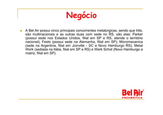 Negócio
A Bel Air possui cinco principais concorrentes metalúrgicas, sendo que três,
são multinacionais e as outras duas com sede no RS, são elas: Parker
(possui sede nos Estados Unidos, filial em SP e RS, atende o território
nacional); Festo (possui sede na Alemanha, filial em SP); Micromecanica
(sede na Argentina, filial em Joinville - SC e Novo Hamburgo RS), Metal
Work (sediada na Itália, filial em SP e RS) e Werk Schot (Novo Hamburgo a
matriz, filial em SP).
 