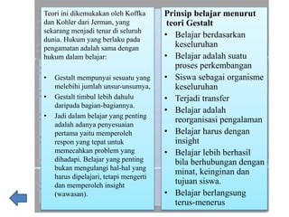 Teori ini dikemukakan oleh Koffka
dan Kohler dari Jerman, yang
sekarang menjadi tenar di seluruh
dunia. Hukum yang berlaku pada
pengamatan adalah sama dengan
hukum dalam belajar:
• Gestalt mempunyai sesuatu yang
melebihi jumlah unsur-unsurnya,
• Gestalt timbul lebih dahulu
daripada bagian-bagiannya.
• Jadi dalam belajar yang penting
adalah adanya penyesuaian
pertama yaitu memperoleh
respon yang tepat untuk
memecahkan problem yang
dihadapi. Belajar yang penting
bukan mengulangi hal-hal yang
harus dipelajari, tetapi mengerti
dan memperoleh insight
(wawasan).
Prinsip belajar menurut
teori Gestalt
• Belajar berdasarkan
keseluruhan
• Belajar adalah suatu
proses perkembangan
• Siswa sebagai organisme
keseluruhan
• Terjadi transfer
• Belajar adalah
reorganisasi pengalaman
• Belajar harus dengan
insight
• Belajar lebih berhasil
bila berhubungan dengan
minat, keinginan dan
tujuan siswa.
• Belajar berlangsung
terus-menerus
 