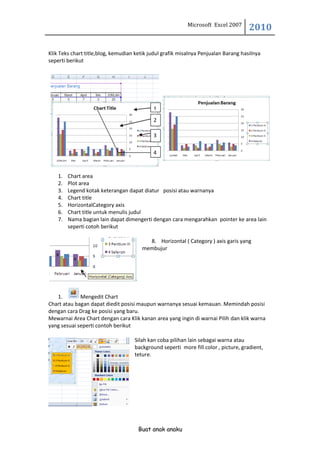 Microsoft Excel 2007
                                                                                     2010

Klik Teks chart title,blog, kemudian ketik judul grafik misalnya Penjualan Barang hasilnya
seperti berikut




                                            1
                                            2

                                            3

                                            4


    1.   Chart area
    2.   Plot area
    3.   Legend kotak keterangan dapat diatur posisi atau warnanya
    4.   Chart title
    5.   HorizontalCategory axis
    6.   Chart title untuk menulis judul
    7.   Nama bagian lain dapat dimengerti dengan cara mengarahkan pointer ke area lain
         seperti cotoh berikut

                                         8. Horizontal ( Category ) axis garis yang
                                       membujur




   1.        Mengedit Chart
Chart atau bagan dapat diedit posisi maupun warnanya sesuai kemauan. Memindah posisi
dengan cara Drag ke posisi yang baru.
Mewarnai Area Chart dengan cara Klik kanan area yang ingin di warnai Pilih dan klik warna
yang sesuai seperti contoh berikut

                                    Silah kan coba pilihan lain sebagai warna atau
                                    background seperti more fill color , picture, gradient,
                                    teture.




                                      Buat anak anaku
 