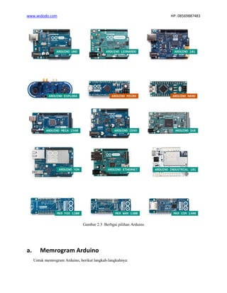 www.widodo.com HP: 08569887483
Gambar 2.3 Berbgai pilihan Arduino
a. Memrogram Arduino
Untuk memrogram Arduino, berikut langkah-langkahnya:
 