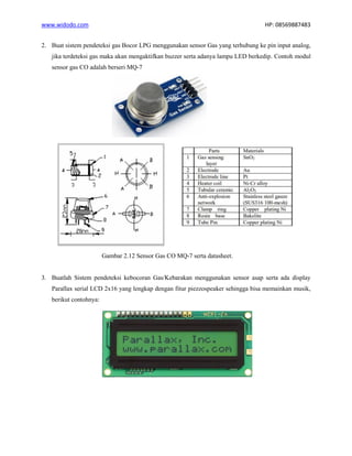 www.widodo.com HP: 08569887483
2. Buat sistem pendeteksi gas Bocor LPG menggunakan sensor Gas yang terhubung ke pin input analog,
jika terdeteksi gas maka akan mengaktifkan buzzer serta adanya lampu LED berkedip. Contoh modul
sensor gas CO adalah berseri MQ-7
Gambar 2.12 Sensor Gas CO MQ-7 serta datasheet.
3. Buatlah Sistem pendeteksi kebocoran Gas/Kebarakan menggunakan sensor asap serta ada display
Parallax serial LCD 2x16 yang lengkap dengan fitur piezzospeaker sehingga bisa memainkan musik,
berikut contohnya:
 