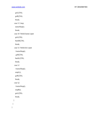 www.widodo.com HP: 08569887483
goL(254);
goR(254);
break;
case 's'://stop
motorStop();
break;
case 'd'://belok kanan cepat
goL(238);
backR(238);
break;
case 'a'://belok kiri cepat
//motorStop();
goR(238);
backL(238);
break;
case 'e':
//motorStop();
stopL();
goR(228);
break;
case 'q':
//motorStop();
stopR();
goL(228);
break;
}
}
}
 