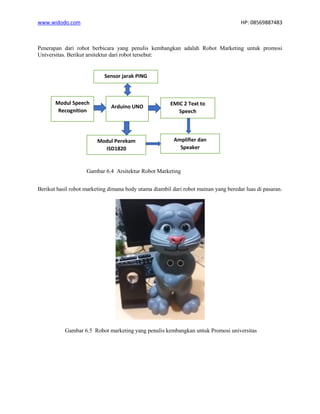 www.widodo.com HP: 08569887483
Penerapan dari robot berbicara yang penulis kembangkan adalah Robot Marketing untuk promosi
Universitas. Berikut arsitektur dari robot tersebut:
Gambar 6.4 Arsitektur Robot Marketing
Berikut hasil robot marketing dimana body utama diambil dari robot mainan yang beredar luas di pasaran.
Gambar 6.5 Robot marketing yang penulis kembangkan untuk Promosi universitas
Modul Speech
Recognition
Arduino UNO
EMIC 2 Text to
Speech
Modul Perekam
ISD1820
Sensor jarak PING
Amplifier dan
Speaker
 