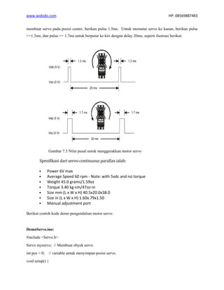 www.widodo.com HP: 08569887483
membuat servo pada posisi center, berikan pulsa 1.5ms. Untuk memutar servo ke kanan, berikan pulsa
<=1.3ms, dan pulsa >= 1.7ms untuk berputar ke kiri dengan delay 20ms, seperti ilustrasi berikut:
Gambar 7.3 Nilai pusal untuk menggerakkan motor servo
Spesifikasi dari servo continuous parallax ialah:
▪ Power 6V max
▪ Average Speed 60 rpm - Note: with 5vdc and no torque
▪ Weight 45.0 grams/1.59oz
▪ Torque 3.40 kg-cm/47oz-in
▪ Size mm (L x W x H) 40.5x20.0x38.0
▪ Size in (L x W x H) 1.60x.79x1.50
▪ Manual adjustment port
Berikut contoh kode demo pengendalian motor servo:
DemoServo.ino:
#include <Servo.h>
Servo myservo; // Membuat obyek servo
int pos = 0; // variable untuk menyimpan posisi servo.
void setup() {
 