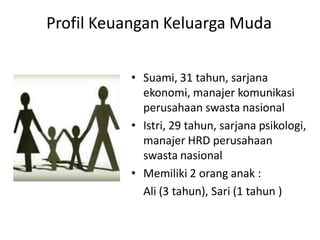 Profil Keuangan Keluarga Muda
• Suami, 31 tahun, sarjana
ekonomi, manajer komunikasi
perusahaan swasta nasional
• Istri, 29 tahun, sarjana psikologi,
manajer HRD perusahaan
swasta nasional
• Memiliki 2 orang anak :
Ali (3 tahun), Sari (1 tahun )
 