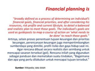Financial planning is
“broadly defined as a process of determining an individual’s
financial goals, financial priorities, and after considering his
resources, risk profile and current lifestyle, to detail a balanced
and realistic plan to meet those goals. The individual’s goals are
used as guideposts to map a course of action on ‘what needs to
be done’ to reach those goals.”
Artinya, selain proses penentuan tujuan keuangan dan prioritas
keuangan, perencanaan keuangan juga mempertimbangkan
sumberdaya yang dimiliki, profil risiko dan gaya hidup saat ini.
Agar rencana dibuat secara realistis dan seimbang untuk
mencapai sasaran tersebut (gol). Rencana inilah yang digunakan
sebagai panduan dan memetakan suatu tindakan, “Bagaimana
dan apa yang perlu dilakukan untuk mencapai tujuan tersebut.”
Sumber: Wikipedia; data diolah
 