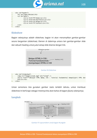 105
Belajar HTML & CSS : Tutorial Fundamental dalam mempelajari HTML & CSS
1. <div id=‚header‛>
2. <h1 id=‚logo‛>Miniml</h1>
3. <ul id=‚menu‛>
4. <li><a href=‚#‛>Home</a></li>
5. <li><a href=‚#‛>Portfolio</a></li>
6. <li><a href=‚#‛>Blog</a></li>
7. <li><a href=‚#‛>Contact</a></li>
8. </ul>
9. </div>
Slideshow
Bagian selanjutnya adalah slideshow, bagian ini akan menampilkan gambar-gambar
secara bergantian (slideshow). Elemen di dalamnya antara lain gambar-gambar slide
dan sebuah heading untuk judul setiap slide disertai dengan link.
Gambar 96 Slideshow
1. <div id=‚slideshow‛>
2. <img src=‚images/slide.jpg‛ alt=‚slide‛ />
3. <h1><a href=‚‚>Belajar HTML &amp; CSS : Tutorial fundamental mempelajari HTML dan
CSS</a></h1>
4. </div>
Untuk sementara kita gunakan gambar statis terlebih dahulu, untuk membuat
slideshow ini berfungsi sebagai mestinya kita akan bahas di bagian jQuery selanjutnya.
Langkah
Gambar 97 Layout Kolom untuk bagian #Langkah
 