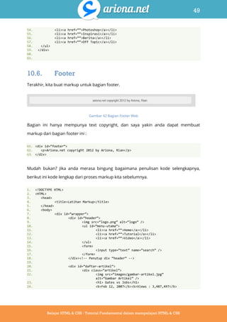 49
Belajar HTML & CSS : Tutorial Fundamental dalam mempelajari HTML & CSS
54. <li><a href=‚‚>Photoshop</a></li>
55. <li><a href=‚‚>Inspirasi</a></li>
56. <li><a href=‚‚>Berita</a></li>
57. <li><a href=‚‚>Off Topic</a></li>
58. </ul>
59. </div>
60.
61.
10.6. Footer
Terakhir, kita buat markup untuk bagian footer.
Gambar 42 Bagian Footer Web
Bagian ini hanya mempunya text copyright, dan saya yakin anda dapat membuat
markup dari bagian footer ini :
61. <div id=‚footer‛>
62. <p>Ariona.net copyright 2012 by Ariona, Rian</p>
63. </div>
Mudah bukan? Jika anda merasa bingung bagaimana penulisan kode selengkapnya,
berikut ini kode lengkap dari proses markup kita sebelumnya.
1. <!DOCTYPE HTML>
2. <HTML>
3. <head>
4. <title>Latihan Markup</title>
5. </head>
6. <body>
7. <div id=‚wrapper‛>
8. <div id=‚header‛>
9. <img src=‚logo.png‛ alt=‚logo‛ />
10. <ul id=‚menu-utama‛>
11. <li><a href=‚‚>Home</a></li>
12. <li><a href=‚‚>Tutorial</a></li>
13. <li><a href=‚‚>Video</a></li>
14. </ul>
15. <form>
16. <input type=‚text‛ name=‚search‛ />
17. </form>
18. </div><!-- Penutup div ‚header‛ -->
19.
20. <div id=‚daftar-artikel‛>
21. <div class=‚artikel‛>
22. <img src=‚images/gambar-artikel.jpg‛
alt=‚Gambar Artikel‛ />
23. <h1> Gates vs Jobs</h1>
24. <b>Feb 12, 2007</b><b>Views : 3,487,497</b>
 