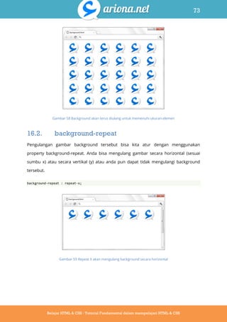 73
Belajar HTML & CSS : Tutorial Fundamental dalam mempelajari HTML & CSS
Gambar 58 Background akan terus diulang untuk memenuhi ukuran elemen
16.2. background-repeat
Pengulangan gambar background tersebut bisa kita atur dengan menggunakan
property background-repeat. Anda bisa mengulang gambar secara horizontal (sesuai
sumbu x) atau secara vertikal (y) atau anda pun dapat tidak mengulangi background
tersebut.
background-repeat : repeat-x;
Gambar 59 Repeat X akan mengulang background secara horizontal
 