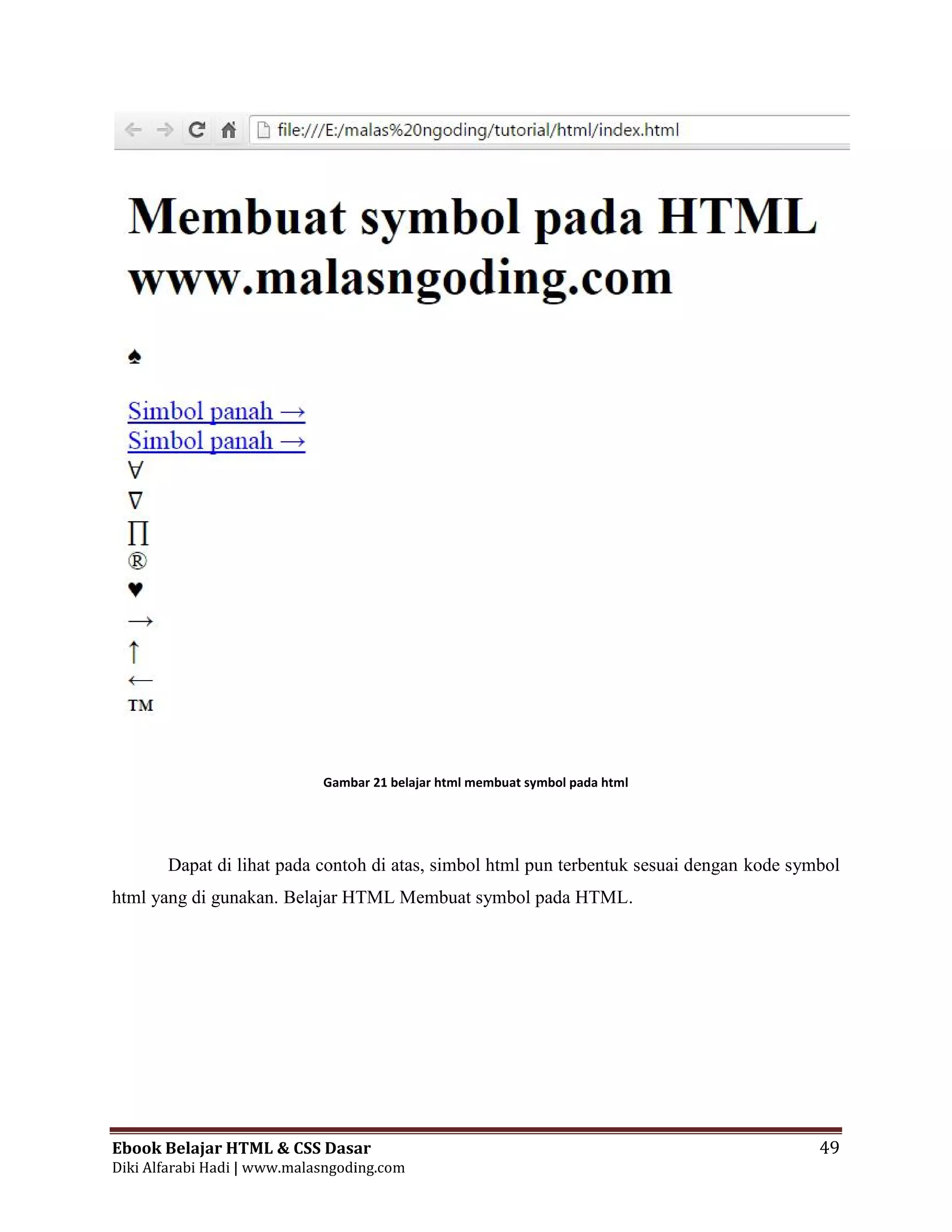 Ebook Belajar HTML & CSS Dasar 49
Diki Alfarabi Hadi | www.malasngoding.com
Gambar 21 belajar html membuat symbol pada html
Dapat di lihat pada contoh di atas, simbol html pun terbentuk sesuai dengan kode symbol
html yang di gunakan. Belajar HTML Membuat symbol pada HTML.
Ebook Belajar HTML & CSS Dasar 49
Diki Alfarabi Hadi | www.malasngoding.com
Gambar 21 belajar html membuat symbol pada html
Dapat di lihat pada contoh di atas, simbol html pun terbentuk sesuai dengan kode symbol
html yang di gunakan. Belajar HTML Membuat symbol pada HTML.
Ebook Belajar HTML & CSS Dasar 49
Diki Alfarabi Hadi | www.malasngoding.com
Gambar 21 belajar html membuat symbol pada html
Dapat di lihat pada contoh di atas, simbol html pun terbentuk sesuai dengan kode symbol
html yang di gunakan. Belajar HTML Membuat symbol pada HTML.
 