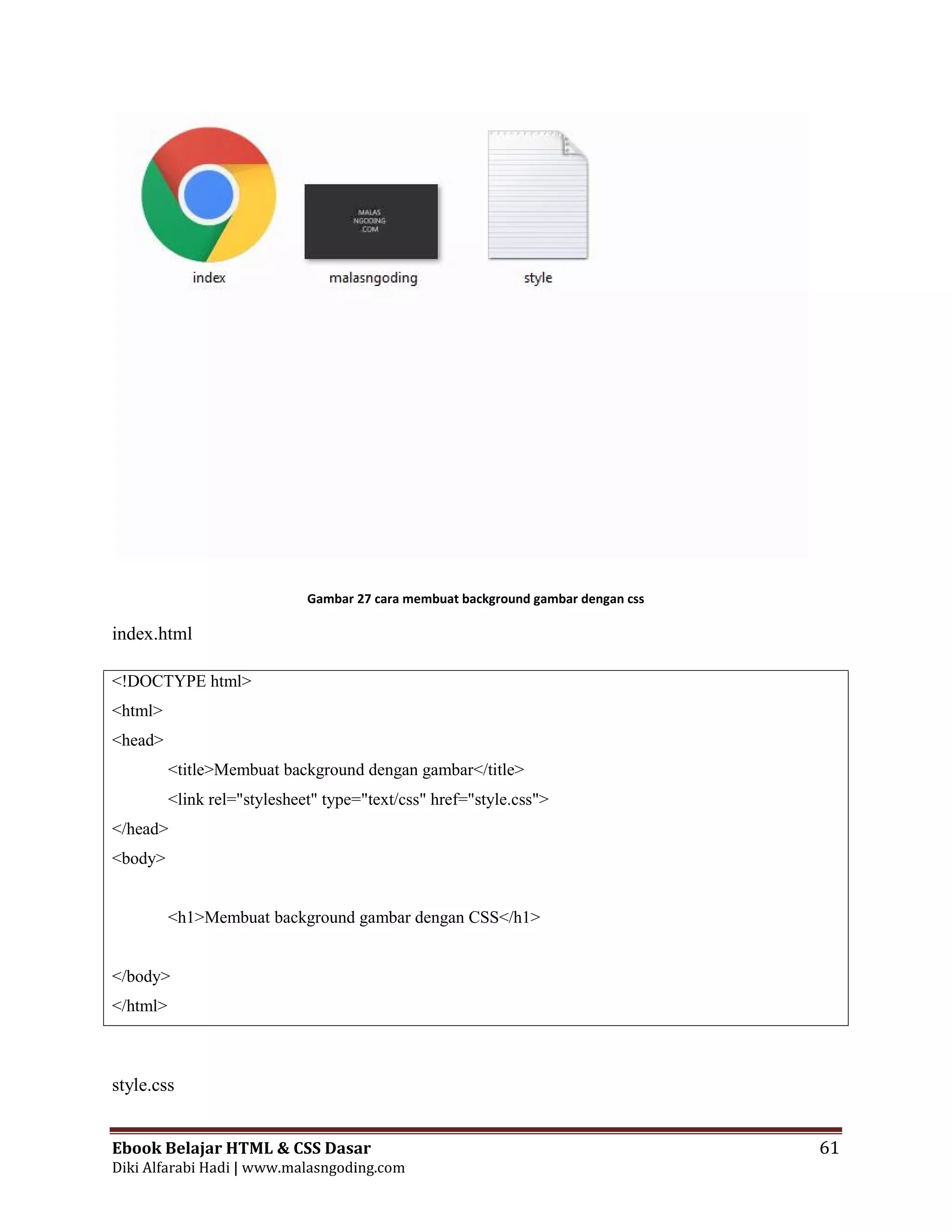 Ebook Belajar HTML & CSS Dasar 61
Diki Alfarabi Hadi | www.malasngoding.com
Gambar 27 cara membuat background gambar dengan css
index.html
<!DOCTYPE html>
<html>
<head>
<title>Membuat background dengan gambar</title>
<link rel="stylesheet" type="text/css" href="style.css">
</head>
<body>
<h1>Membuat background gambar dengan CSS</h1>
</body>
</html>
style.css
Ebook Belajar HTML & CSS Dasar 61
Diki Alfarabi Hadi | www.malasngoding.com
Gambar 27 cara membuat background gambar dengan css
index.html
<!DOCTYPE html>
<html>
<head>
<title>Membuat background dengan gambar</title>
<link rel="stylesheet" type="text/css" href="style.css">
</head>
<body>
<h1>Membuat background gambar dengan CSS</h1>
</body>
</html>
style.css
Ebook Belajar HTML & CSS Dasar 61
Diki Alfarabi Hadi | www.malasngoding.com
Gambar 27 cara membuat background gambar dengan css
index.html
<!DOCTYPE html>
<html>
<head>
<title>Membuat background dengan gambar</title>
<link rel="stylesheet" type="text/css" href="style.css">
</head>
<body>
<h1>Membuat background gambar dengan CSS</h1>
</body>
</html>
style.css
 