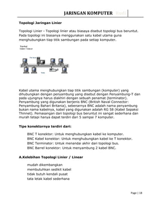 JARINGAN KOMPUTER Rudi
Topologi Jaringan Linier
Topologi Linier - Topologi linier atau biasaya disebut topologi bus beruntut.
Pada topologi ini biasanya menggunakan satu kabel utama guna
menghubungkan tiap titik sambungan pada setiap komputer.
Kabel utama menghubungkan tiap titik sambungan (komputer) yang
dihubungkan dengan penyambung yang disebut dengan Penyambung-T dan
pada ujungnya harus diakhiri dengan sebuah penamat (terminator).
Penyambung yang digunakan berjenis BNC (British Naval Connector:
Penyambung Bahari Britania), sebenarnya BNC adalah nama penyambung
bukan nama kabelnya, kabel yang digunakan adalah RG 58 (Kabel Sepaksi
Thinnet). Pemasangan dari topologi bus beruntut ini sangat sederhana dan
murah tetapi hanya dapat terdiri dari 5 sampai 7 komputer.
Tipe konektornya terdiri dari:
BNC T konektor: Untuk menghubungkan kabel ke komputer.
BNC Kabel konektor: Untuk menghubungkan kabel ke T konektor.
BNC Terminator: Untuk menandai akhir dari topologi bus.
BNC Barrel konektor: Untuk menyambung 2 kabel BNC.
A.Kelebihan Topologi Linier / Linear
mudah dikembangkan
membutuhkan sedikit kabel
tidak butuh kendali pusat
tata letak kabel sederhana
Page | 18
 