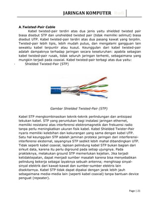 JARINGAN KOMPUTER Rudi
A.Twisted-Pair Cable
Kabel twisted-pair terdiri atas dua jenis yaitu shielded twisted pair
biasa disebut STP dan unshielded twisted pair (tidak memiliki selimut) biasa
disebut UTP. Kabel twisted-pair terdiri atas dua pasang kawat yang terpilin.
Twisted-pair lebih tipis, lebih mudah putus, dan mengalami gangguan lain
sewaktu kabel terpuntir atau kusut. Keunggulan dari kabel twisted-pair
adalah dampaknya terhadap jaringan secara keseluruhan: apabila sebagian
kabel twisted-pair rusak, tidak seluruh jaringan terhenti, sebagaimana yang
mungkin terjadi pada coaxial. Kabel twisted-pair terbagi atas dua yaitu:
· Shielded Twisted-Pair (STP)
Gambar Shielded Twisted-Pair (STP)
Kabel STP mengkombinasikan teknik-teknik perlindungan dan antisipasi
tekukan kabel. STP yang peruntukan bagi instalasi jaringan ethernet,
memiliki resistansi atas interferensi elektromagnetik dan frekuensi radio
tanpa perlu meningkatkan ukuran fisik kabel. Kabel Shielded Twister-Pair
nyaris memiliki kelebihan dan kekurangan yang sama dengan kabel UTP.
Satu hal keunggulan STP adalah jaminan proteksi jaringan dari interferensi-
interferensi eksternal, sayangnya STP sedikit lebih mahal dibandingkan UTP.
Tidak seperti kabel coaxial, lapisan pelindung kabel STP bukan bagian dari
sirkuit data, karena itu perlu diground pada setiap ujungnya. Pada
prakteknya, melakukan ground STP memerlukan kejelian. Jika terjadi
ketidaktepatan, dapat menjadi sumber masalah karena bisa menyebabkan
pelindung bekerja sebagai layaknya sebuah antenna; menghisap sinyal-
sinyal elektrik dari kawat-kawat dan sumber-sumber elektris lain
disekitarnya. Kabel STP tidak dapat dipakai dengan jarak lebih jauh
sebagaimana media-media lain (seperti kabel coaxial) tanpa bantuan device
penguat (repeater).
Page | 21
 