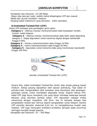 JARINGAN KOMPUTER Rudi
Kecepatan dan keluaran: 10-100 Mbps
Biaya rata-rata per node: sedikit mahal dibadingkan UTP dan coaxial
Media dan ukuran konektor: medium
Panjang kabel maksimum yang diizinkan : 100m (pendek).
B.Unshielded Twisted-Pair (UTP)
Untuk UTP terdapat pula pembagian jenis yakni:
Category 1 : sifatnya mampu mentransmisikan data kecepatan rendah.
Contoh: kabel telepon.
Category 2 : sifatnya mampu mentransmisikan data lebih cepat dibanding
category 1. Dapat digunakan untuk transmisi digital dengan bandwidth
hingga 4 MHz.
Category 3 : mampu mentransmisikan data hingga 16 MHz.
Category 4 : mamu mentransmisikan data hingga 20 MHz.
Category 5 : digunakan untuk transmisi data yang memerlukan bandwidth
hingga 100 MHz.
Gambar Unshielded Twisted-Pair (UTP)
Secara fisik, kabel Unshielded Twisted-Pair terdiri atas empat pasang kawat
medium. Setiap pasang dipisahkan oleh lapisan pelindung. Tipe kabel ini
semata-mata mengandalkan efek konselasi yang diproduksi oleh pasangan-
pasangan kawat, untuk membatasi degradasi sinyal. Seperti halnya STP,
kabel UTP juga harus mengikuti rule yang benar terhadap beberapa banyak
tekukan yang diizinkan perkaki kabel. UTP digunakan sebagai media
networking dengan impedansi 100 Ohm. Hal ini berbeda dengan tipe
pengkabelan twister-pair lainnya seperti pengkabelan untuk telepon. Karena
UTP memiliki diameter eksternal 0,43 cm, ini menjadikannya mudah saat
instalasi. UTP juga mensuport arsitektur-arsitektur jaringan pada umumnya
sehingga menjadi sangat popular.
Kecepatan dan keluaran: 10 – 100 Mbps
Page | 22
 