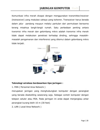 JARINGAN KOMPUTER Rudi
Komunikasi infra merah dicapai dengan menggunakan transmitter/receiver
(transceiver) yang modulasi cahaya yang koheren. Transceiver harus berada
dalam jalur pandang maupun melalui pantulan dari permukaan berwarna
terang misalnya langit-langit rumah. Satu perbedaan penting antara
transmisi infra merah dan gelombang mikro adalah transmisi infra merah
tidak dapat melakukan penetrasi terhadap dinding, sehingga masalah-
masalah pengamanan dan interferensi yang ditemui dalam gelombang mikro
tidak terjadi.
Teknologi wireless berdasarkan tipe jaringan :
1. PAN ( Persomal Area Network )
merupakan jaringan yang menghubungkan komputer dengan perangkat
yang berada disekeliling seseorang saja. Sebagai contoh komputer dengan
telepon seluler atau PDA. Pada jaringan ini anda dapat menjangkau antar
perangkat kurang lebih 10 m (30 feet)
2. LAN ( Local Area Network )
Page | 28
 