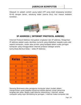 JARINGAN KOMPUTER Rudi
Dibawah ini adalah contoh ujung kabel UTP yang telah terpasang konektor
RJ-45 dengan benar, selubung kabel (warna biru) ikut masuk kedalam
konektor.
IP ADDRESS ( INTERNET PROTOCOL ADRESS)
Internet Protocol Address merupakan singkatan dari IP address. Pengertian
IP address adalah suatu identitas numerik yang dilabelkan kepada suatu alat
seperti komputer, router atau printer yang terdapat dalam suatu jaringan
komputer yang menggunakan internet protocol sebagai sarana
komunikasi.Berikut Kelas – kelas IP Address:
Seorang Brainware atau pengguna komputer akan mudah dalam
mengirimkan surat kepada tujuannya ketika alamat rumah penerima
lengkap dan jelas. Begitu juga didunia networking / internet, setiap
computer yang ingin terhubung ke jaringan / internet maka computer tsb
Page | 38
 