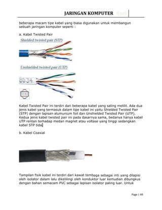 Tampilan fisik kabel ini terdiri dari kawat temb
JARINGAN KOMPUTER Rudi
beberapa macam tipe kabel yang biasa digunakan untuk membangun
sebuah jaringan komputer seperti :
a. Kabel Twisted Pair
Kabel Twisted Pair ini terdiri dari beberapa kabel yang saling melilit. Ada dua
jenis kabel yang termasuk dalam tipe kabel ini yaitu Shielded Twisted Pair
(STP) dengan lapisan alumunium foil dan Unshielded Twisted Pair (UTP).
Kedua jenis kabel twisted pair ini pada dasarnya sama, bedanya hanya kabel
UTP rentan terhadap medan magnet atau voltase yang tinggi sedangkan
kabel STP tida.
b. Kabel Coaxial
aga sebagai inti yang dilapisi
oleh isolator dalam lalu dikelilingi oleh konduktor luar kemudian dibungkus
dengan bahan semacam PVC sebagai lapisan isolator paling luar. Untuk
Page | 49
 