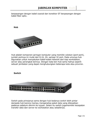 JARINGAN KOMPUTER Rudi
berpasangan dengan kabel coaxial dan konektor ST berpasangan dengan
kabel fiber optic.
Hub
Hub adalah komponen jaringan komputer yang memiliki colokan (port-port),
jumlah portnya ini mulai dari 8,16, 24, sampai 32 port. Pada umunya hub
digunakan untuk menyatukan kabel-kabel network dari tiap workstation,
server atau perangkat lainnya. Dengan kata lain Hub sama halnya seperti
sebuah jembatan yang dapat menghubungkan beberapa kota atau provinsi.
Switch
Switch pada prinsipnya sama dengan hub bedanya switch lebih pintar
daripada hub karena mampu menganalisa paket data yang dilewatkan
padanya sebelum dikirim ke tujuan. Selain itu switch jugamemiliki kecepatan
transfer data dari server ke workstation atau sebaliknya.
Page | 51
 
