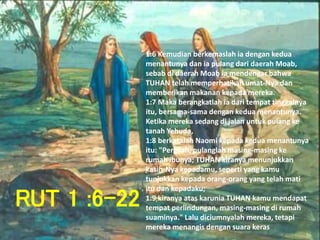 RUT 1 :6-22
1:6 Kemudian berkemaslah ia dengan kedua
menantunya dan ia pulang dari daerah Moab,
sebab di daerah Moab ia mendengar bahwa
TUHAN telah memperhatikan umat-Nya dan
memberikan makanan kepada mereka.
1:7 Maka berangkatlah ia dari tempat tinggalnya
itu, bersama-sama dengan kedua menantunya.
Ketika mereka sedang di jalan untuk pulang ke
tanah Yehuda,
1:8 berkatalah Naomi kepada kedua menantunya
itu: "Pergilah, pulanglah masing-masing ke
rumah ibunya; TUHAN kiranya menunjukkan
kasih-Nya kepadamu, seperti yang kamu
tunjukkan kepada orang-orang yang telah mati
itu dan kepadaku;
1:9 kiranya atas karunia TUHAN kamu mendapat
tempat perlindungan, masing-masing di rumah
suaminya." Lalu diciumnyalah mereka, tetapi
mereka menangis dengan suara keras
 