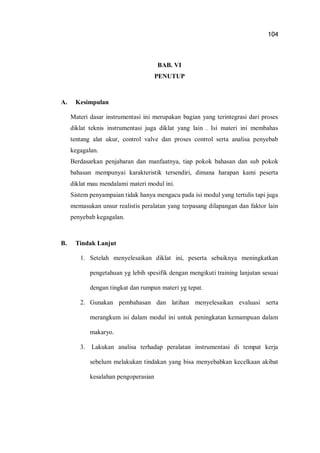 104
BAB. VI
PENUTUP
A. Kesimpulan
Materi dasar instrumentasi ini merupakan bagian yang terintegrasi dari proses
diklat teknis instrumentasi juga diklat yang lain . Isi materi ini membahas
tentang alat ukur, control valve dan proses control serta analisa penyebab
kegagalan.
Berdasarkan penjabaran dan manfaatnya, tiap pokok bahasan dan sub pokok
bahasan mempunyai karakteristik tersendiri, dimana harapan kami peserta
diklat mau mendalami materi modul ini.
Sistem penyampaian tidak hanya mengacu pada isi modul yang tertulis tapi juga
memasukan unsur realistis peralatan yang terpasang dilapangan dan faktor lain
penyebab kegagalan.
B. Tindak Lanjut
1. Setelah menyelesaikan diklat ini, peserta sebaiknya meningkatkan
pengetahuan yg lebih spesifik dengan mengikuti training lanjutan sesuai
dengan tingkat dan rumpun materi yg tepat.
2. Gunakan pembahasan dan latihan menyelesaikan evaluasi serta
merangkum isi dalam modul ini untuk peningkatan kemampuan dalam
makaryo.
3. Lakukan analisa terhadap peralatan instrumentasi di tempat kerja
sebelum melakukan tindakan yang bisa menyebabkan kecelkaan akibat
kesalahan pengoperasian
 