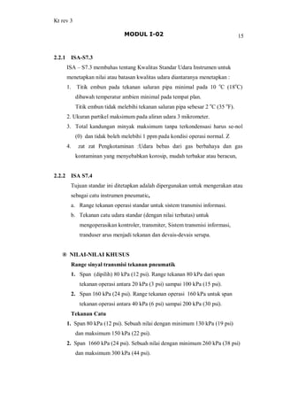 Kt rev 3
MODUL I-02 15
2.2.1 ISA-S7.3
ISA S7.3 membahas tentang Kwalitas Standar Udara Instrumen untuk
menetapkan nilai atau batasan kwalitas udara diantaranya menetapkan :
1. Titik embun pada tekanan saluran pipa minimal pada 10 o
C (18o
C)
dibawah temperatur ambien minimal pada tempat plan.
Titik embun tidak melebihi tekanan saluran pipa sebesar 2 o
C (35 o
F).
2. Ukuran partikel maksimum pada aliran udara 3 mikrometer.
3. Total kandungan minyak maksimum tanpa terkondensasi harus se-nol
(0) dan tidak boleh melebihi 1 ppm pada kondisi operasi normal. Z
4. zat zat Pengkotaminan :Udara bebas dari gas berbahaya dan gas
kontaminan yang menyebabkan korosip, mudah terbakar atau beracun,
2.2.2 ISA S7.4
Tujuan standar ini ditetapkan adalah dipergunakan untuk mengerakan atau
sebagai catu instrumen pneumatic,
a. Range tekanan operasi standar untuk sistem transmisi informasi.
b. Tekanan catu udara standar (dengan nilai terbatas) untuk
mengoperasikan kontroler, transmiter, Sistem transmisi informasi,
tranduser arus menjadi tekanan dan devais-devais serupa.
® NILAI-NILAI KHUSUS
Range sinyal transmisi tekanan pneumatik
1. Span (dipilih) 80 kPa (12 psi). Range tekanan 80 kPa dari span
tekanan operasi antara 20 kPa (3 psi) sampai 100 kPa (15 psi).
2. Span 160 kPa (24 psi). Range tekanan operasi 160 kPa untuk span
tekanan operasi antara 40 kPa (6 psi) sampai 200 kPa (30 psi).
Tekanan Catu
1. Span 80 kPa (12 psi). Sebuah nilai dengan minimum 130 kPa (19 psi)
dan maksimum 150 kPa (22 psi).
2. Span 1660 kPa (24 psi). Sebuah nilai dengan minimum 260 kPa (38 psi)
dan maksimum 300 kPa (44 psi).
 