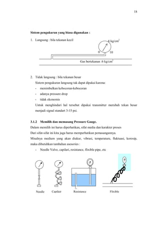 18
Sistem pengukuran yang biasa digunakan :
1. Langsung : bila tekanan kecil
2. Tidak langsung : bila tekanan besar
Sistem pengukuran langsung tak dapat dipakai karena:
- menimbulkan kebocoran-kebocoran
- adanya pressure drop
- tidak ekonomis
Untuk menghindari hal tersebut dipakai transmitter merubah tekan besar
menjadi signal standart 3-15 psi.
3.1.2 Memilih dan memasang Pressure Gauge.
Dalam memilih ini harus diperhatikan, sifat media dan karakter proses
Dari sifat-sifat ini kita juga harus memperhatikan pemasangannya.
Misalnya medium yang akan diukur, vibrasi, temperature, fluktuasi, korosip,
maka dibutuhkan tambahan asesories :
- Needle Valve, capilari, resistance, flixible pipe, etc
100
6 kg/cm2
Gas bertekanan :6 kg/cm2
ResistanceNeedle Capilair Flixible
 