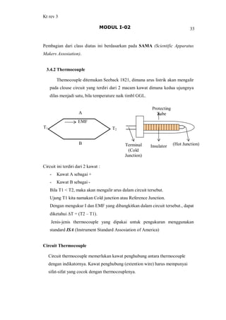 Kt rev 3
MODUL I-02 33
Pembagian dari class diatas ini berdasarkan pada SAMA (Scientific Apparatus
Makers Assosiation).
3.4.2 Thermocouple
Themocouple ditemukan Seeback 1821, dimana arus listrik akan mengalir
pada clouse circuit yang terdiri dari 2 macam kawat dimana kedua ujungnya
dilas menjadi satu, bila temperature naik timbl GGL.
Circuit ini terdiri dari 2 kawat :
- Kawat A sebagai +
- Kawat B sebagai -
Bila T1 < T2, maka akan mengalir arus dalam circuit tersebut.
Ujung T1 kita namakan Cold junction atau Reference Junction.
Dengan mengukur I dan EMF yang dibangkitkan dalam circuit tersebut., dapat
diketahui DT = (T2 T1).
Jenis-jenis thermocouple yang dipakai untuk pengukuran menggunakan
standard ISA (Instrument Standard Assosiation of America)
Circuit Thermocouple
Circuit thermocouple memerlukan kawat penghubung antara thermocouple
dengan indikatornya. Kawat penghubung (extention wire) harus mempunyai
sifat-sifat yang cocok dengan thermocouplenya.
EMF
A
B
T1 T2
Terminal
(Cold
Junction)
Insulator (Hot Junction)
Protecting
Tube
 